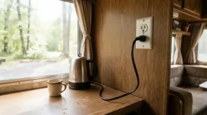 A compact dishwasher for RV and travel trailer plugged into a standard electrical outlet powered by a portable generator.