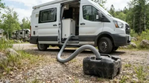 A compact dishwasher for RV and travel trailer draining wash water into a portable gray water tote outside.