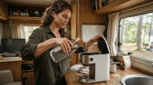 Using a compact dishwasher for RV and travel trailer with a built-in water tank during a boondocking trip.