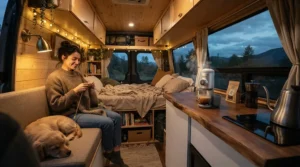 A quiet compact dishwasher for RV and travel trailer running peacefully in a cozy camper van interior at night.