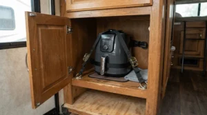 A compact dishwasher for RV and travel trailer securely stored on a shelf while the vehicle is in motion.
