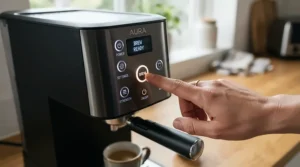 Selecting wash cycles on the digital display of a countertop dishwasher for small apartments.