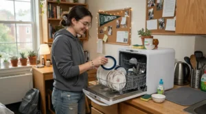 A student using a countertop dishwasher for small apartments in a college dorm room kitchenette.