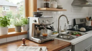 A compact countertop dishwasher for small apartments sitting neatly next to a kitchen sink.