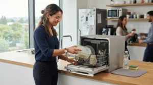 Employees using a countertop dishwasher for small apartments in a shared office breakroom.