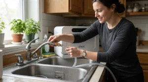A renter installing a portable countertop dishwasher for small apartments without permanent plumbing.