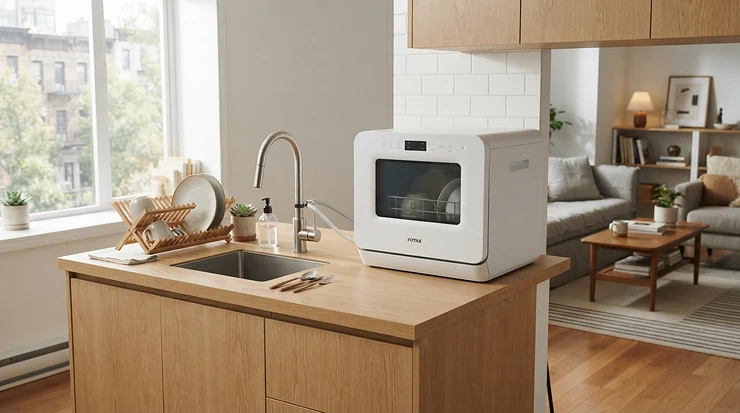 A modern countertop dishwasher for small apartments integrated into an open-plan studio layout.
