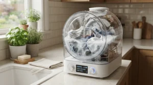 An eco-friendly countertop dishwasher for small apartments operating with low water usage per cycle.