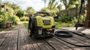 Setting up a PSI pressure washer for wood deck cleaning without damage using an electric model in a suburban backyard