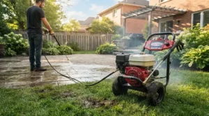 Operating a gas-powered PSI pressure washer for wood deck cleaning without damage using a wide-fan nozzle tip