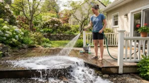 Performing annual spring maintenance with a PSI pressure washer for wood deck cleaning without damage