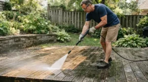 Using a PSI pressure washer for wood deck cleaning without damage to lift tough embedded stains gently