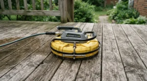 Attaching a rotary surface scrubber to a PSI pressure washer for wood deck cleaning without damage evenly