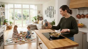 A busy parent managing household chores and a WiFi dishwasher with remote start from the living room.