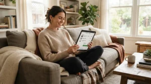 Shopping online for a WiFi dishwasher with remote start during holiday sales on a living room couch.