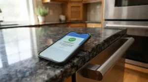 Checking a cycle completion notification on a smartphone next to a WiFi dishwasher with remote start.