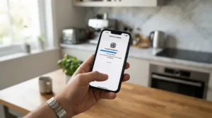 A notification pop-up showing a software update for a WiFi dishwasher with remote start.